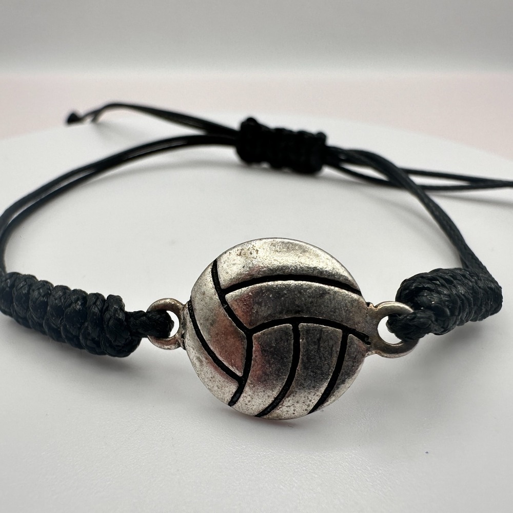 Vintage 90s Volleyball Silver Tone Black Cord Adjustable Bracelet Jewelry Boho